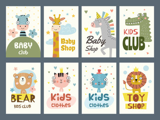 Kids cards. Birthday placards holiday invitation templates children funny symbols with place for text recent vector collection set