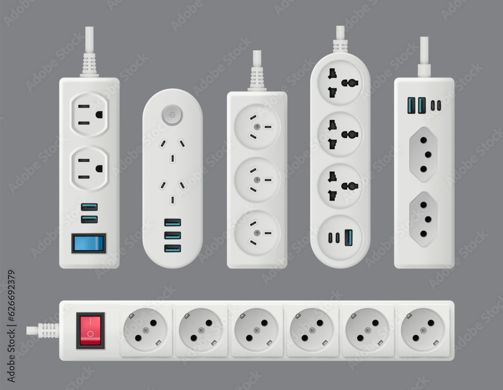 Poster electricity socket. ac equipment electro plug with different connection types decent vector realisti