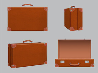 Travel baggage. Retro realistic suitcase different side and front views open and closed luggage decent vector pictures set