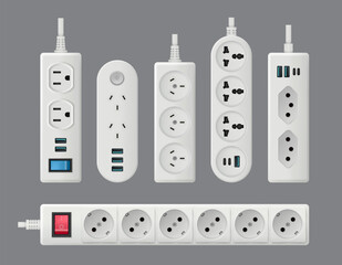 Electricity socket. Ac equipment electro plug with different connection types decent vector realistic template