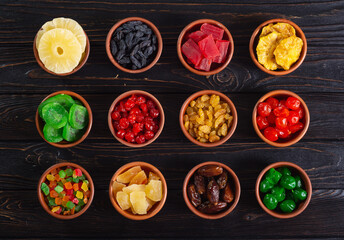 Group of dried and candied fruit in bowl