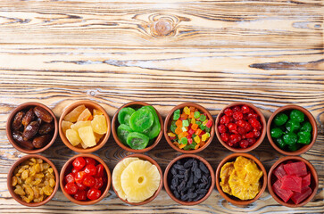 Group of dried and candied fruit in bowl