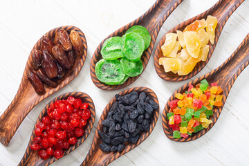 Group of dried and candied fruit in bowl