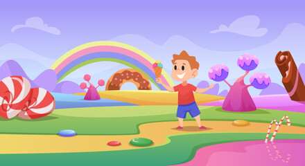 Happy kids. Children eating candy sweets lollipop icecream cupcakes exact vector cartoon background