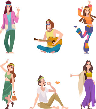 Hippie. Woodstock subculture hippie characters in various clothes exact vector cartoon people