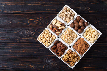 Mix of nuts in bowl . Food background