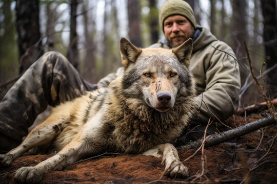 A wolf lying on the ground with a man in a forest. The wolf is lying on its stomach with its head up and looking at the camera. Its fur is matted and dirty