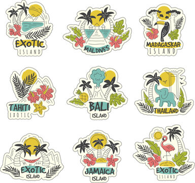 Island logo. Tropical exotic islands relaxed places in jungle with beaches recent vector emblems or badges set