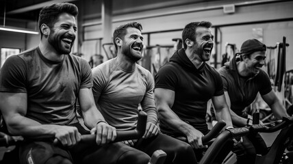Four fun loving guys in a fitness studio laughing together  while working out men showing their...