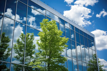 An office building with windows reflect trees and blue sky