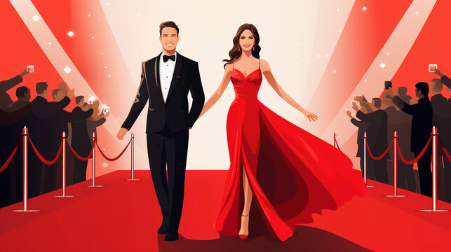 Illustration of a good looking young celebrity couple walking the red carpet posing for fans and photographers arriving for the premiere of their latest film