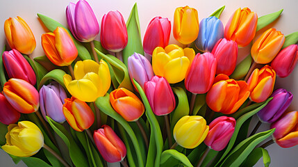 Colorful blooming tulips with flower stems and flower buds on white background. Generative AI.