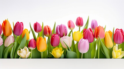 Colorful blooming tulips with flower stems and flower buds on white background. Generative AI.