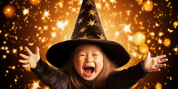 Happy child with glowing sparkles stars celebrating Halloween, wearing witch costume, wide