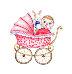Watercolor illustration Baby pink stroller with toys, roly-poly and rabbit rabbit, drawing of a stroller with flowers. Patterns for fabric textiles of children's clothing, wallpaper, wrapping paper,