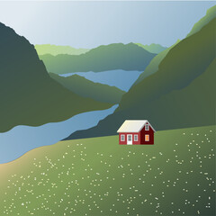 Fototapeta na wymiar a lonely cozy house in a field among the mountains next to a river in a flat style