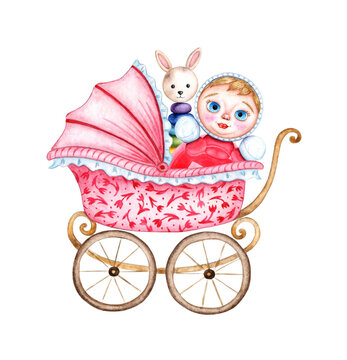 Watercolor illustration Baby pink stroller with toys, roly-poly and rabbit rabbit, drawing of a stroller with flowers. Patterns for fabric textiles of children's clothing, wallpaper, wrapping paper,