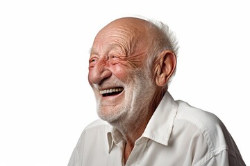 Fototapeta premium a professional portrait studio photo of a old senior white american man model with perfect clean teeth laughing and smiling. isolated on white background. for ads and web design. Generative AI