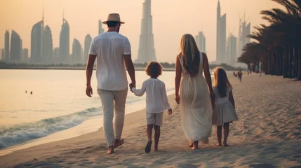 Fototapete Dubai a family parents with their children walking on the beach in the vacation in dubai uae. enjoying holiday together. skyscrapers burj khalifa in the background. for tourism ads and design. Generative AI