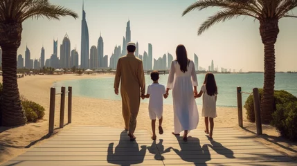 Foto op Plexiglas Burj Khalifa a family parents with their children walking on the beach in the vacation in dubai uae. enjoying holiday together. skyscrapers burj khalifa in the background. for tourism ads and design. Generative AI