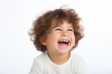 a professional portrait studio photo of a cute white american boy child model with perfect clean teeth laughing and smiling. isolated on white background. for ads and web design. Generative AI