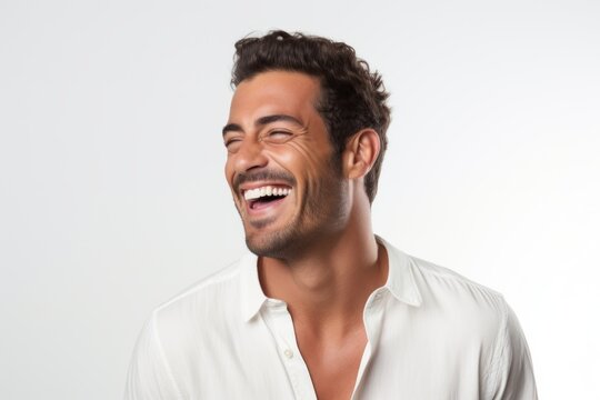 a professional portrait studio photo of a handsome young white american man model with perfect clean teeth laughing and smiling. isolated on white background. for ads and web design. Generative AI