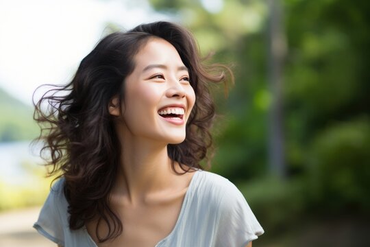 a professional portrait studio photo of a beautiful young asian woman model with perfect clean teeth laughing and smiling. nature green park in the background. for ads and web design. Generative AI