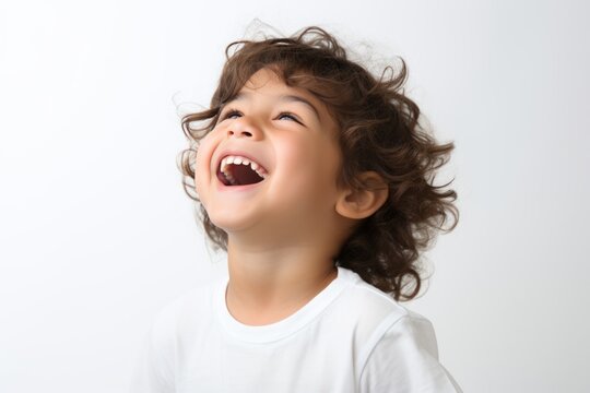 a professional portrait studio photo of a cute white american boy child model with perfect clean teeth laughing and smiling. isolated on white background. for ads and web design. Generative AI