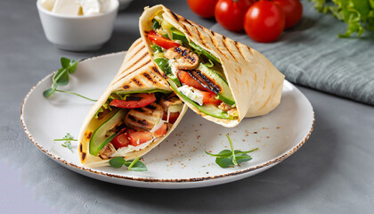 Wrap sandwich with grilled vegetables and feta cheese on a plate. Grey background. Copy space.