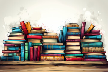 Illustrated piles of books in various sizes and colors Generative AI