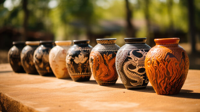 festive farted clay vases on a wooden background. Generative AI