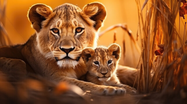 a lioness and her cub in the african savannah in the low sun. Generative AI
