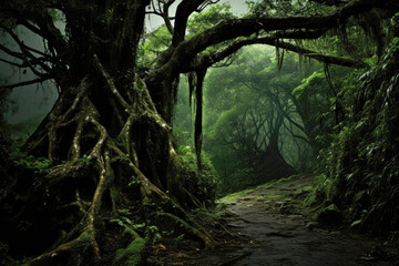 A dark and misty forest with large tree with twisted roots and branches that arch over the path....