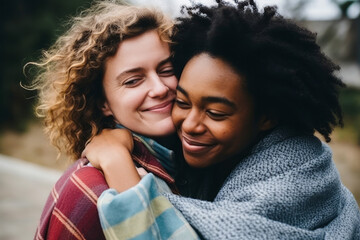 Two diverse female friends or partners hugging each other, after reaching an understanding or compassion, symbolizing making up after a fight