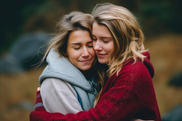 Two female friends or partners hugging each other, after reaching an understanding or compassion, symbolizing making up after a fight