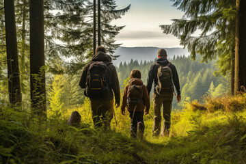 Family hiking through a forest, a view from behind, sunny summer day - obrazy, fototapety, plakaty