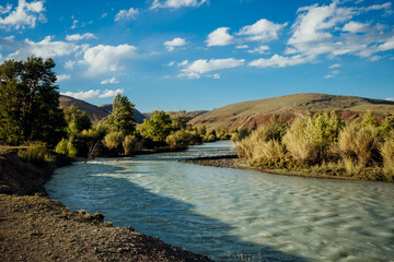 Obraz premium Wide river on a background of rocky mountains under blue sky with white clouds. Picturesque sunny summer landscape of Kurai steppe, Altai, Siberia, Russia.