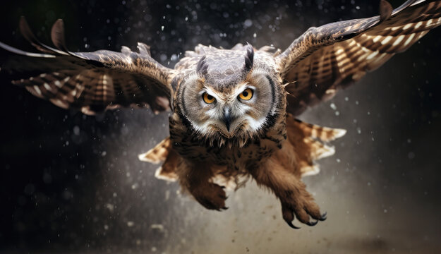 A great horned owl in flight. The owl is flying towards the camera with its wings spread wide - Powered by Adobe