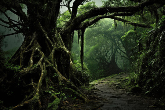 A dark and misty forest with large tree with twisted roots and branches that arch over the path. The tree is covered in moss and vines