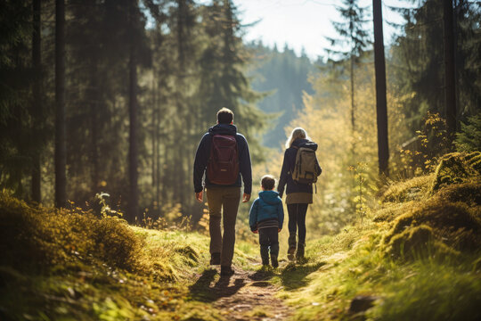 Family hiking through a forest, a view from behind, sunny summer day