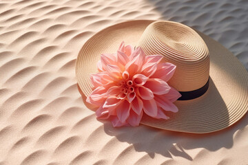 Stylish Summer Hat Paired with Vibrant Pink Dahlia Blooms, Generative AI