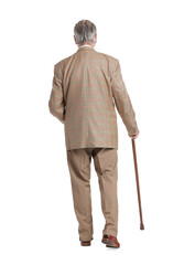 Senior man with walking cane on white background, back view