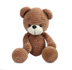 Cute crocheted bear isolated on white. Children's toy