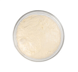 Fresh dough for cake and dry yeast on white background, top view