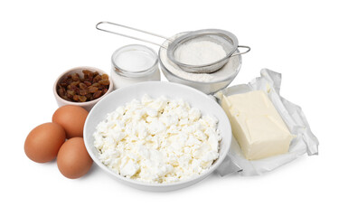 Different ingredients isolated on white. Cooking cottage cheese pancakes