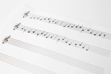 Fototapeta premium Sheet of paper with music notes on white background, closeup view