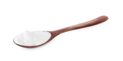 Wooden spoon with sweet fructose powder isolated on white