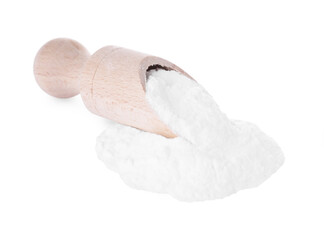 Wooden scoop and sweet fructose powder isolated on white
