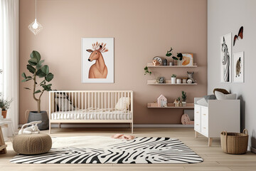 habitacion e bebe con cuna en tonos claros con decoraciones de animales. ilustracion de ia generativa - obrazy, fototapety, plakaty