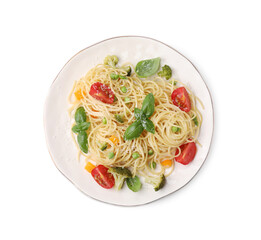 Plate of delicious pasta primavera with tomatoes, basil and broccoli isolated on white, top view